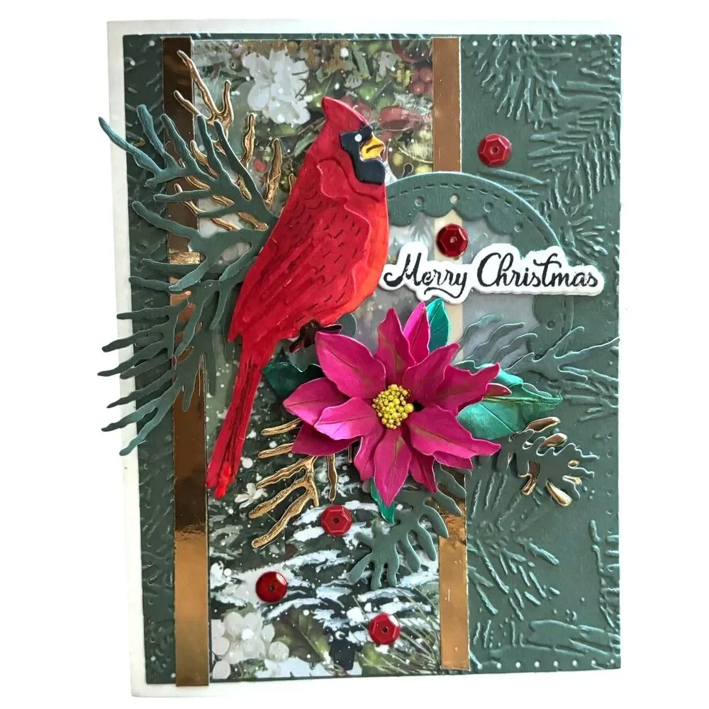 Handmade 3D Cardinal Christmas Card Gold Green Holiday Seasonal Greetings